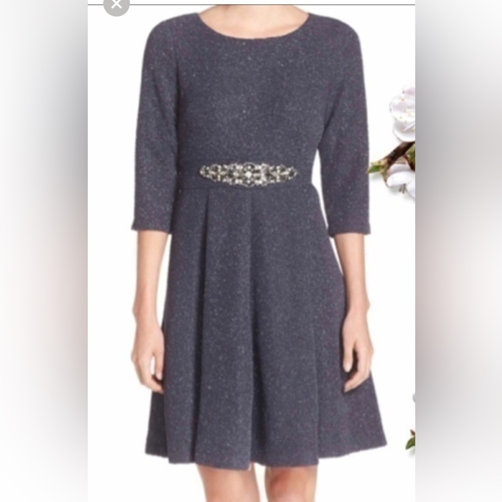 Eliza J *NEW* Embellished Sparkle Knit Fit and Flare Dress, Steel Gray, Size 2